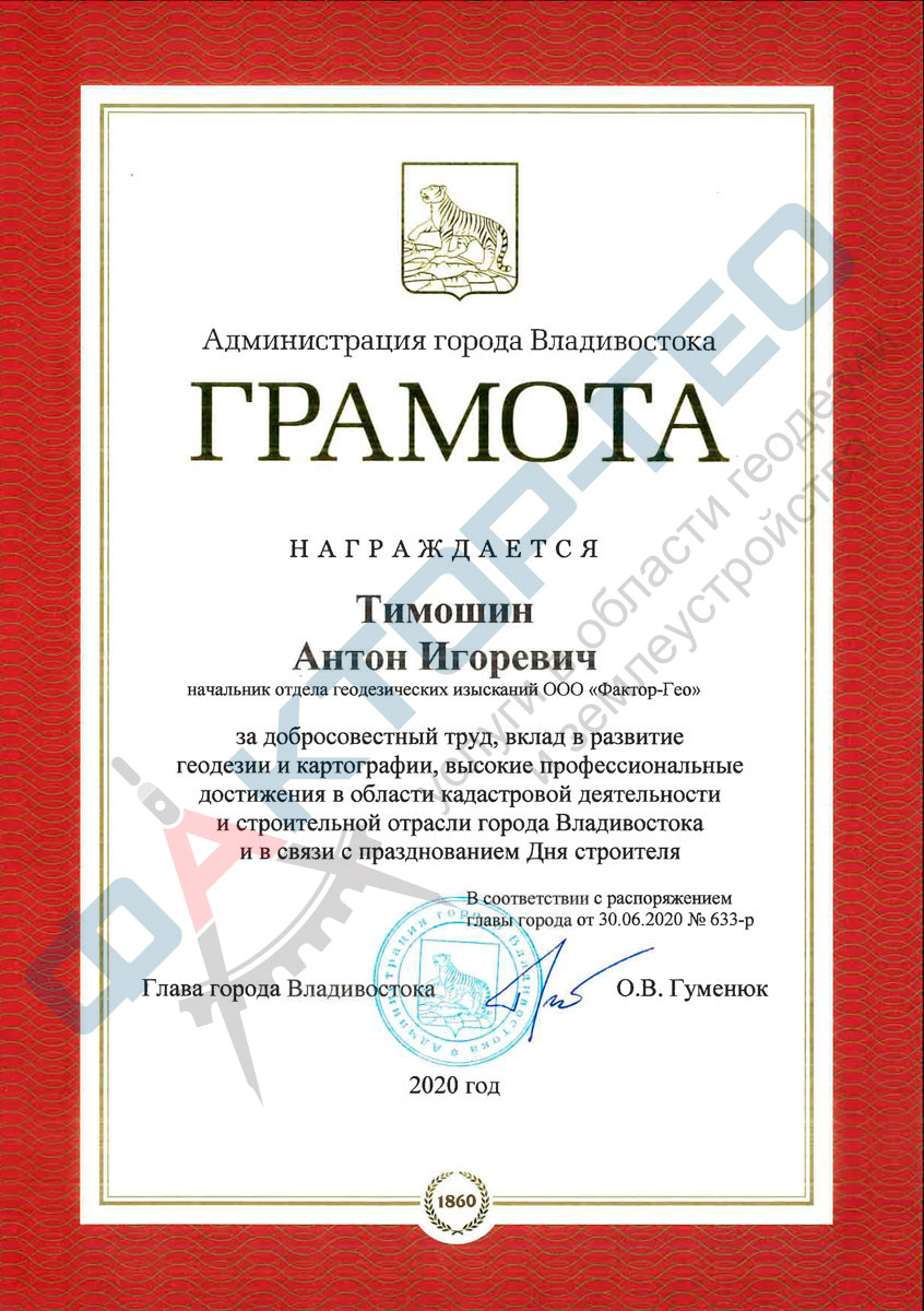 2020 Грамота Главы города Владивостока Тимошин